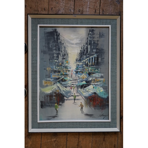 692 - A Hong Kong School modernist Oil on Canvas of a Street scene with Umbrellas, Signage & figures in fo... 