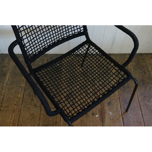 576 - A Set of 8 Black Rope Work & Metal Garden Chairs resting on Black Legs.