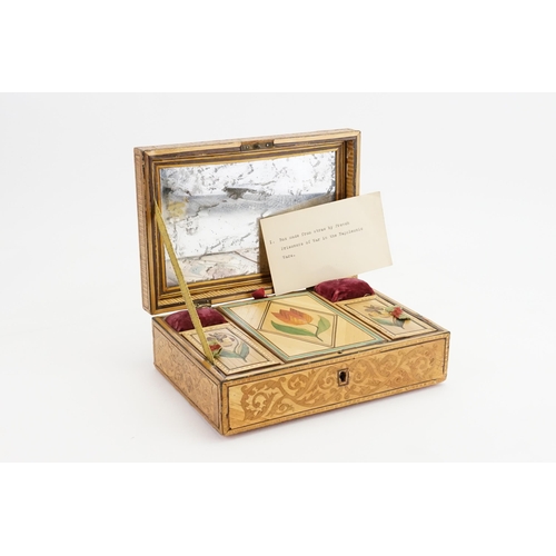 402 - A Title Heading of Straw work. Neapolitan period Needlework Box with a Glass Mirrored back, Floral C... 