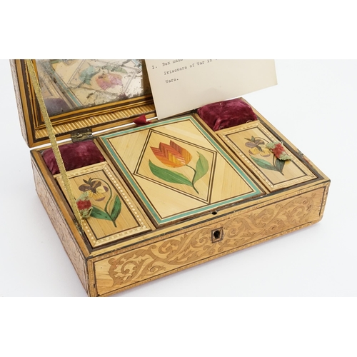 402 - A Title Heading of Straw work. Neapolitan period Needlework Box with a Glass Mirrored back, Floral C... 