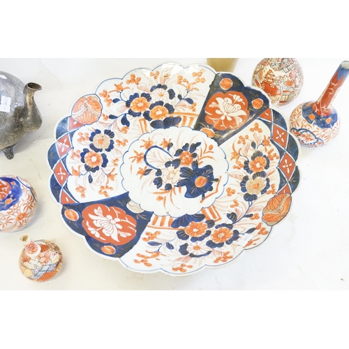 332 - A Japanese Imari Scalloped edged Plate, two similar Bottle Vases, three items of Kutani China & a Pe... 