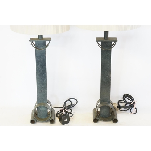 339 - A Pair of 1970s Brutalist metal lamps with shades. Measuring: 45cms High. (66cms with shade).