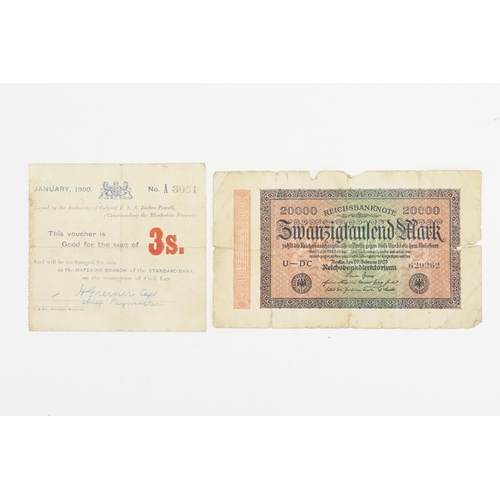 248 - A South African Mafeking Siege three shillings January 1900 bank note voucher. Serial A3051. A Germa... 