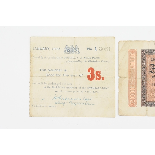 248 - A South African Mafeking Siege three shillings January 1900 bank note voucher. Serial A3051. A Germa... 