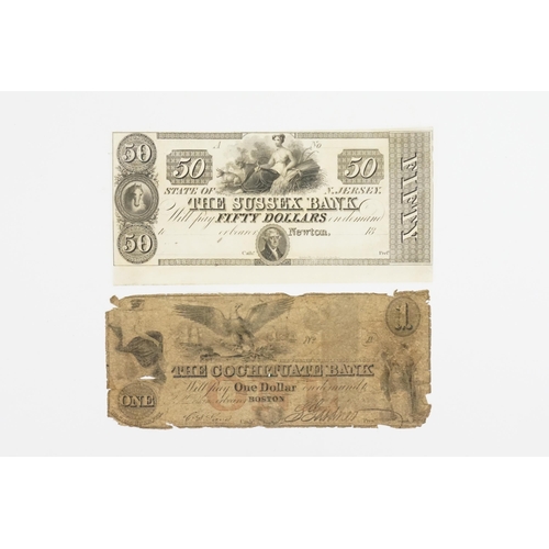 251 - A Newton New Jersey Sussex Bank $50 note, along with a Cochituate bank 1$ Boston.