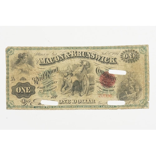 252 - A 1867 $1 The Macon & Brunswick Rail Road Company Fare Ticket Currency note, issue number 20996, 3 p... 