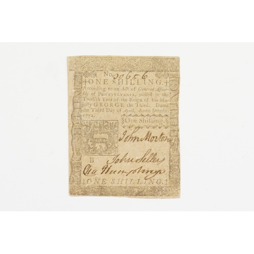 253 - A rare Colonial Pennsylvania 1772 engraved bank note for declaration of independence note, signed by... 