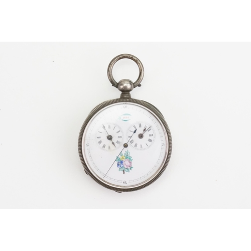 206 - A silver coloured ladies pocket watch, white enamelled dial, floral decoration number 1694. Inner ca... 