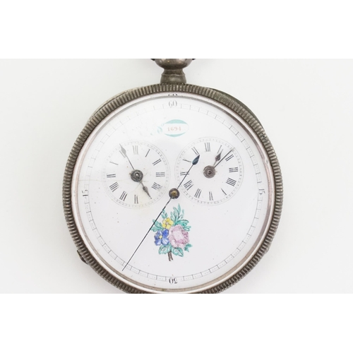 206 - A silver coloured ladies pocket watch, white enamelled dial, floral decoration number 1694. Inner ca... 