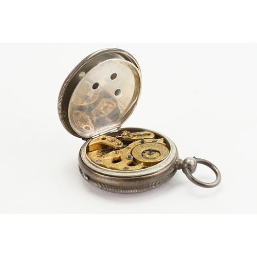 206 - A silver coloured ladies pocket watch, white enamelled dial, floral decoration number 1694. Inner ca... 