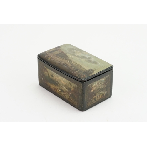 419 - An Antique 19th Century Paper Mache Snuff box, depicting various painted scenes. Size 8.7cms x 5.6cm... 