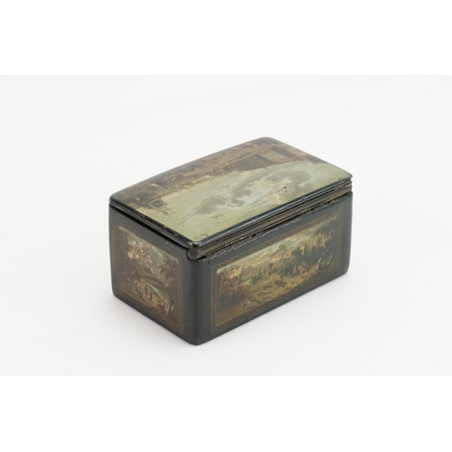 419 - An Antique 19th Century Paper Mache Snuff box, depicting various painted scenes. Size 8.7cms x 5.6cm... 