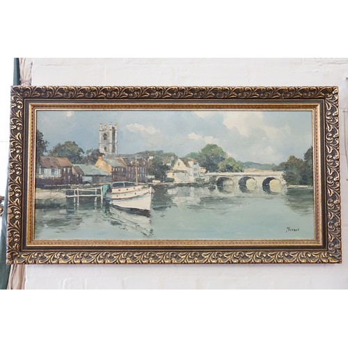 691 - An Oil on Canvas of Henley-On-Thames with Boats in foreground, Church in Background & Bridge in Fram... 