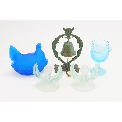 718 - A Blue Glass Chicken on Nest, Two Candlesticks, a Goblet & a Russian Dinner Bell.