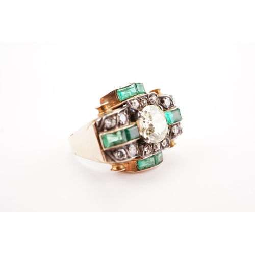 175D - A antique art deco diamond and emerald set ring, set with a approx 2ct round cut possible fancy yell... 