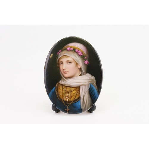 338 - A German Painted on Porcelain Study of a Young Girl in a Blue Dress with Cross & Jewellery, Folded S... 