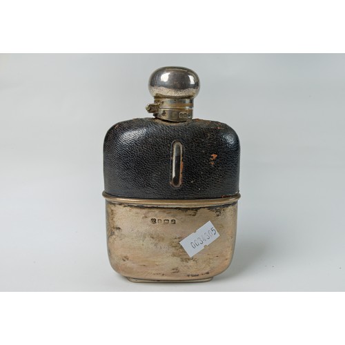 19 - A Silver Hip Flask in a Glass & Leather mounted case with a Bayonet fitting.