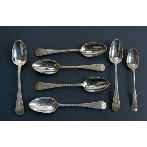 22 - A Set of Six Bright Cut Silver Tea Spoons. Edinburgh F. Maker DT. Along with a Scottish All Oar patt... 