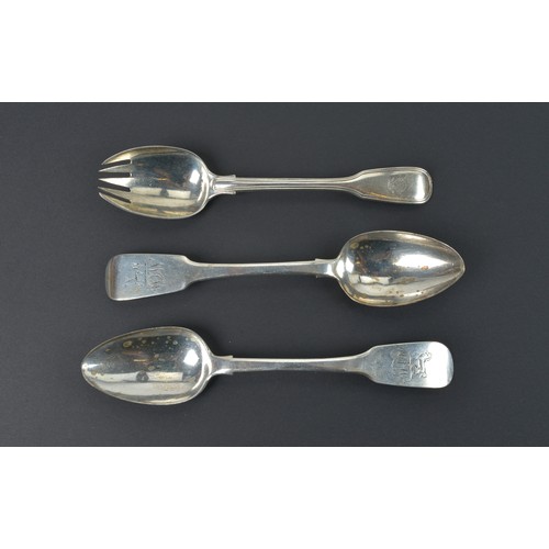 23 - A Victorian Silver Pickle Fork with an Unusual Crest & Two Irish Tea Spoons, one marked Stewart CS &... 