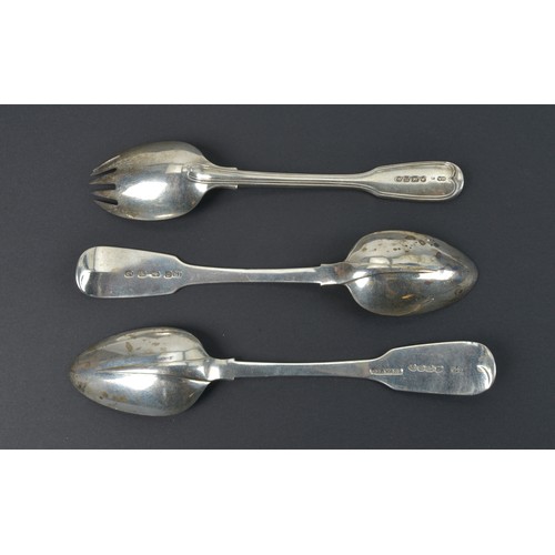 23 - A Victorian Silver Pickle Fork with an Unusual Crest & Two Irish Tea Spoons, one marked Stewart CS &... 