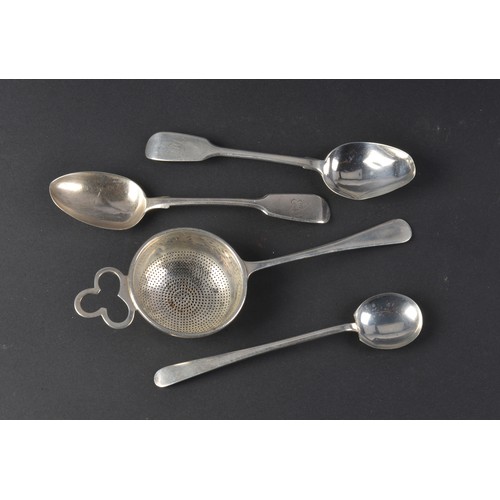 32 - A Silver Tea Strainer, a Williams of Exeter Tea Spoon, a J S similar & a Long handled Jam Spoon. Wei... 