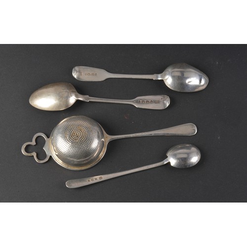 32 - A Silver Tea Strainer, a Williams of Exeter Tea Spoon, a J S similar & a Long handled Jam Spoon. Wei... 