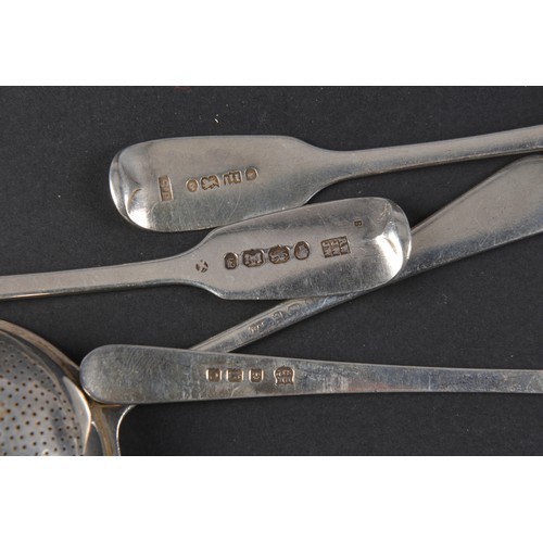 32 - A Silver Tea Strainer, a Williams of Exeter Tea Spoon, a J S similar & a Long handled Jam Spoon. Wei... 