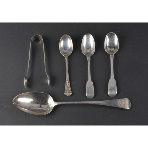 34 - A Georgian Table Spoon, Three Tea Spoons & Sugar Tongs. Various Dates & Makers. Weighing: 149 grams.