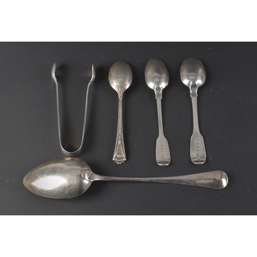 34 - A Georgian Table Spoon, Three Tea Spoons & Sugar Tongs. Various Dates & Makers. Weighing: 149 grams.