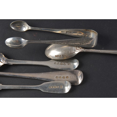 34 - A Georgian Table Spoon, Three Tea Spoons & Sugar Tongs. Various Dates & Makers. Weighing: 149 grams.