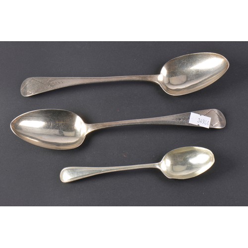 46 - Two Georgian Silver Bright Cut engraved Old English Table Spoons & a Silver Bead edged Tea Spoon. We... 