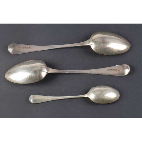 46 - Two Georgian Silver Bright Cut engraved Old English Table Spoons & a Silver Bead edged Tea Spoon. We... 