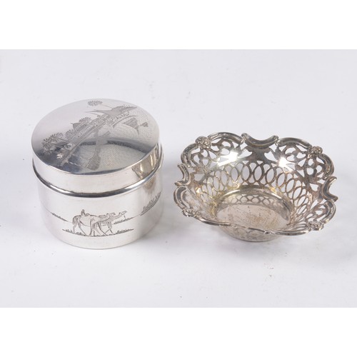 55 - An Egyptian Engraved Silver Dressing Table Jar & Cover. Weighing: 204 grams. Along with a Silver Bon... 