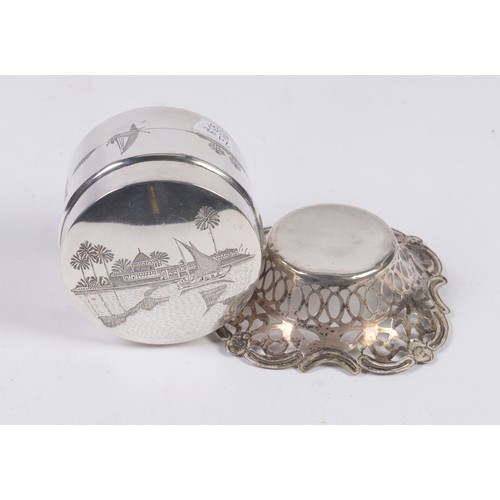 55 - An Egyptian Engraved Silver Dressing Table Jar & Cover. Weighing: 204 grams. Along with a Silver Bon... 