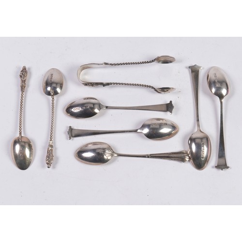 58 - Seven Various Silver Teaspoons & a Pair of Silver Sugar Tongs. Weighing: 90 grams.