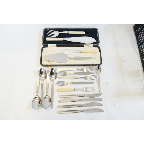 66 - A Pair of Silver Plated Fish Servers in Case along with other Cutlery.