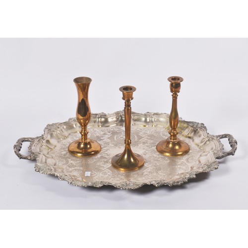 73 - A Stamped Silver Plated Two Handled Tea Tray & three Swedish Mine Candlesticks.