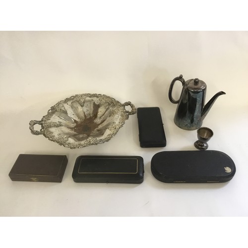 76 - A Silver Plated Bread Basket, Silver Plated Coffee Pot, Empty Cutlery Cases, etc.