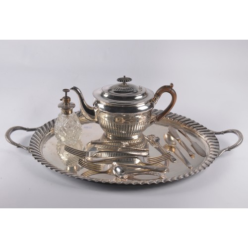 79 - A Silver Plated Tea Pot, a Silver Plated Fluted Tray, an Atomiser & Silver Plated Cutlery.