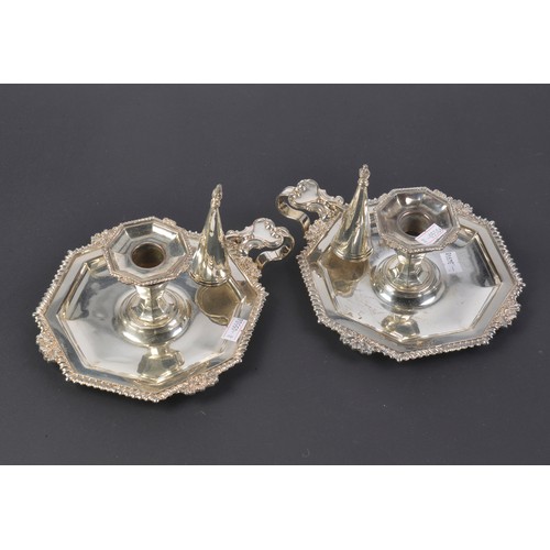 81 - A Pair of Silver Plated on Copper Bedroom Candlesticks with Snuffers & Sconces.