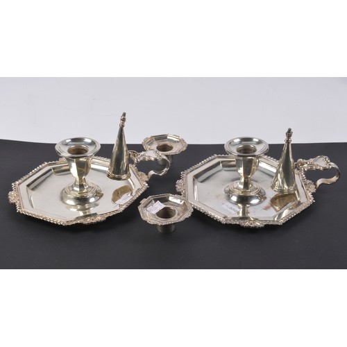 81 - A Pair of Silver Plated on Copper Bedroom Candlesticks with Snuffers & Sconces.