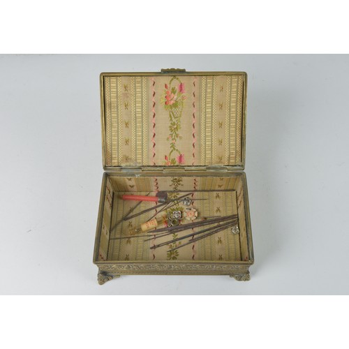 105 - A Late 19th Century French Pressed Brass Jewellery Box with a Limoges enamelled Top depicting a Cour... 