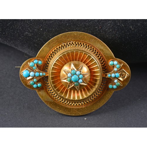 116 - A Victorian Gold Turquoise Brooch of Target Form, some Turquoise missing. Weighing: 14.2 grams.