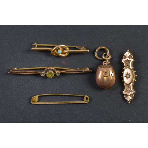 157 - Four various Gold Brooches set with Turquoise, Pearls, etc along with a Lucky Charm. Weighing: 9.3 g... 