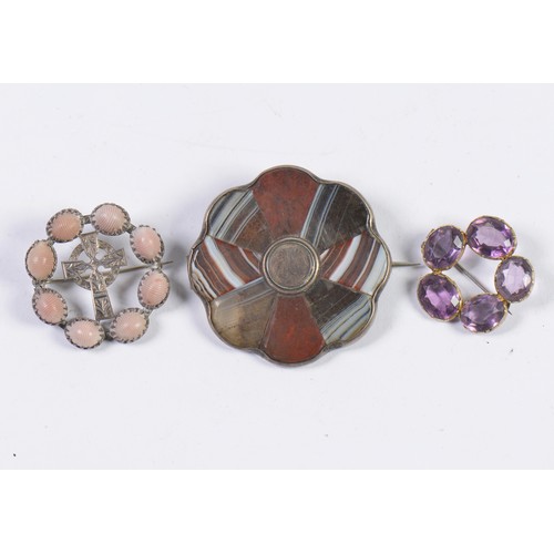 163 - A Scottish Agate Brooch, a Shell mounted Brooch & an Amethyst Brooch.