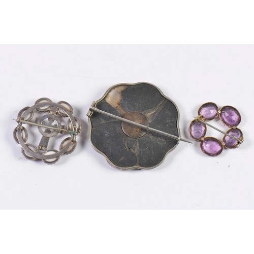 163 - A Scottish Agate Brooch, a Shell mounted Brooch & an Amethyst Brooch.