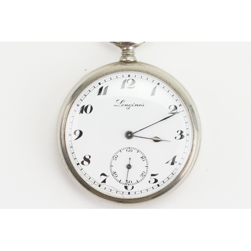 187 - A Longines Gentleman's Pocket Watch with a white enamelled railroad dial, sub second dial & a stainl... 