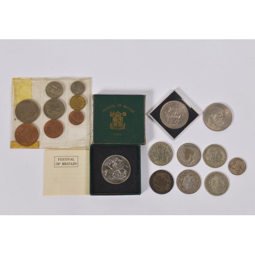 237 - A Tray of U.K. coins to include a 1951 Festival of Britain Crown in Box, a 1953 Five Shillings in Ca... 