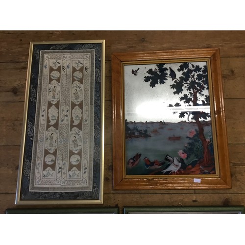 295 - A Chinese painting on Glass in a Maple Frame, Two Pith paintings & a Chinese embroidered Sleeve all ... 