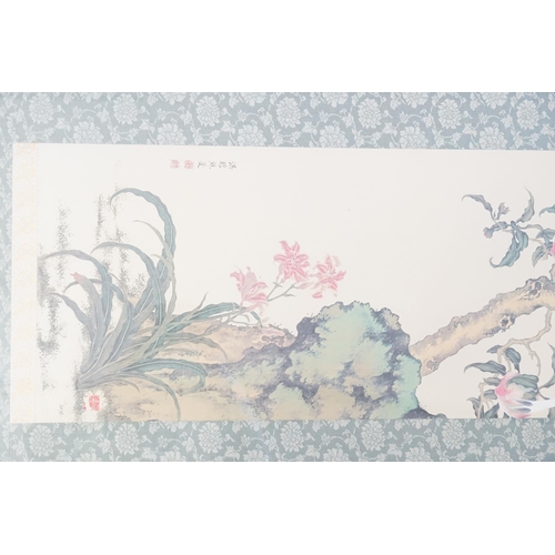 325 - A Japanese design Hanging Scroll Picture decorated with Flowers & Birds contained in a Wooden Frame ... 